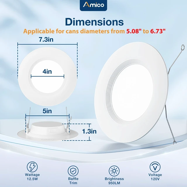 Alt view image 5 of 7 - 6 Pack 5/6 inch 5CCT LED Recessed Lighting, Retrofit Can Light, White Dimmable, 12.5W=100W, 950LM, 2700K/3000K/4000K/5000K/6000K Selectable, Baffle Trim, Easy Install, IC & Damp Rated, ETL & FCC