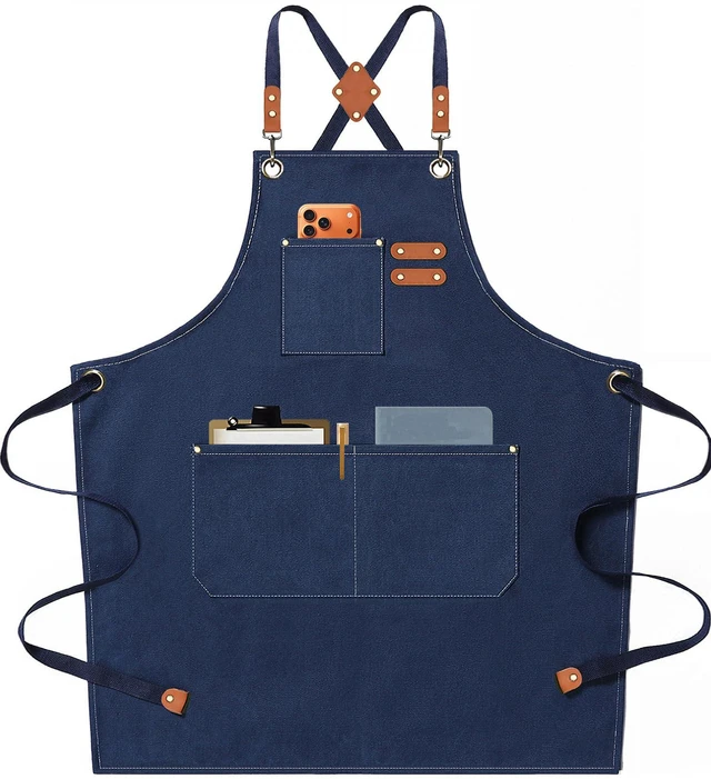 Main image of Chef Aprons for Men Women with Oversized Pockets, 16-Ounce Cotton Canvas Cross Back Heavy Duty Work Apron (Dark Blue)