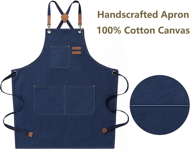 Alt view image 5 of 7 - Chef Aprons for Men Women with Oversized Pockets, 16-Ounce Cotton Canvas Cross Back Heavy Duty Work Apron (Dark Blue)