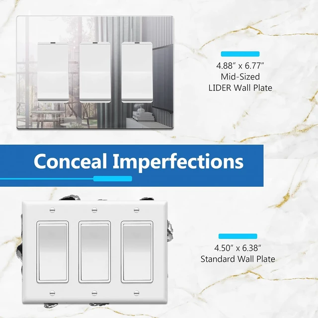 Alt view image 2 of 7 - Triple Decorator Wall Plate, Impact Resistant, Mirror Glass Silver Reflective, Plexiglass, Screwless, Mid-Size, Tough And Heat Resistant, Easy Installation, Modern And Sophisticated