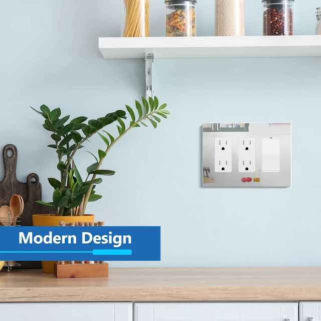 Alt view image 5 of 7 - Triple Decorator Wall Plate, Impact Resistant, Mirror Glass Silver Reflective, Plexiglass, Screwless, Mid-Size, Tough And Heat Resistant, Easy Installation, Modern And Sophisticated