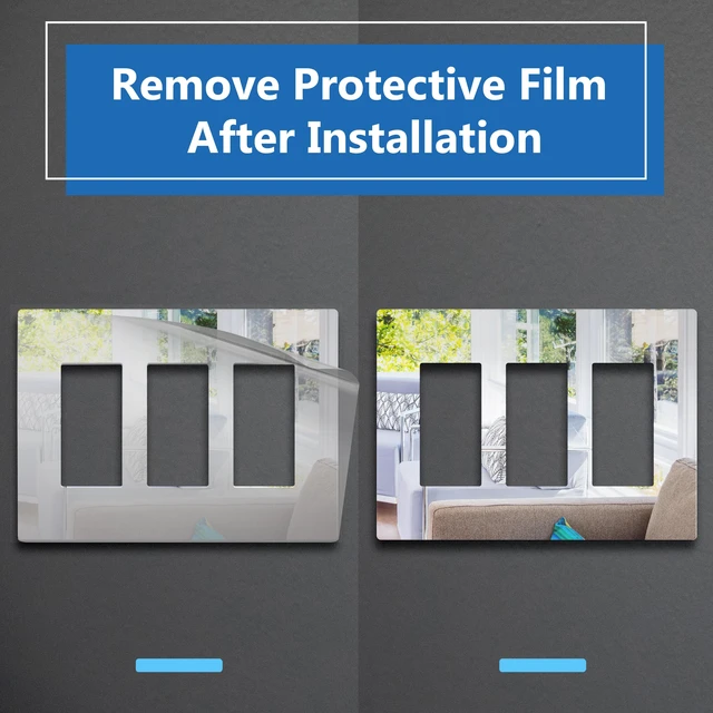 Alt view image 4 of 7 - Triple Decorator Wall Plate, Impact Resistant, Mirror Glass Silver Reflective, Plexiglass, Screwless, Mid-Size, Tough And Heat Resistant, Easy Installation, Modern And Sophisticated