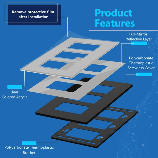Alt view image 6 of 7 - Triple Decorator Wall Plate, Impact Resistant, Mirror Glass Silver Reflective, Plexiglass, Screwless, Mid-Size, Tough And Heat Resistant, Easy Installation, Modern And Sophisticated