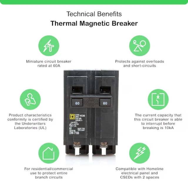 Alt view image 3 of 7 - Genuine Square D HOM260 60 Amp Double Pole Circuit Breaker Kit Plug-On Replacement for Homeline Load Center Panel Box, UL Listed, 60A, 120/240V, 10kAIC, 60Amp, 2 Pole HOM Breaker, 1 Pack