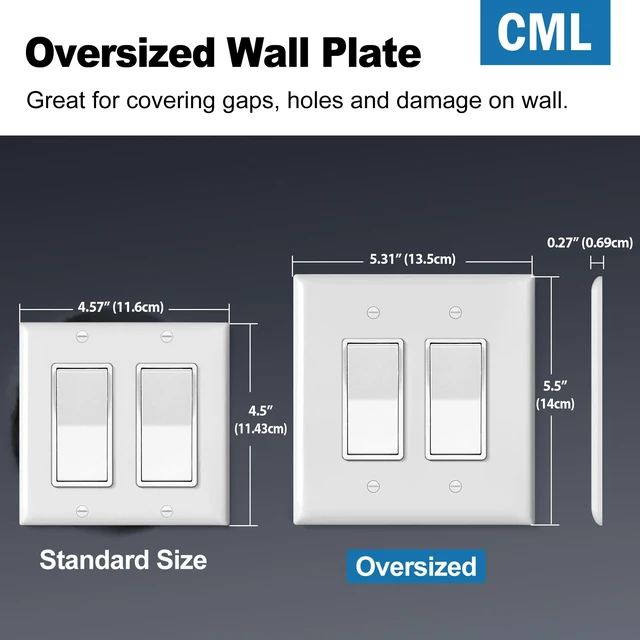 Alt view image 2 of 7 - Oversized 2-Gang Wall Plate, 4 Pack Double Outlet Cover, Jumbo Electrical Receptacle and Switch Covers, Over-Size 5.31 x 5.5, Impact Resistant, White, ETL Listed