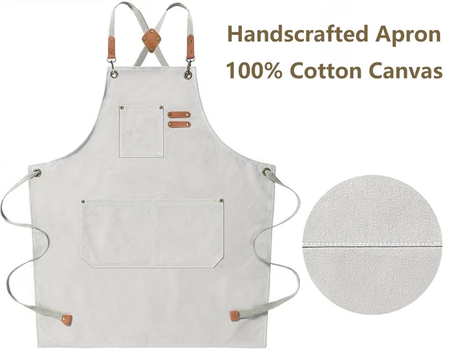 Alt view image 5 of 7 - Chef Aprons for Men Women with Oversized Pockets, 16-Ounce Cotton Canvas Cross Back Heavy Duty Work Apron (Beige)