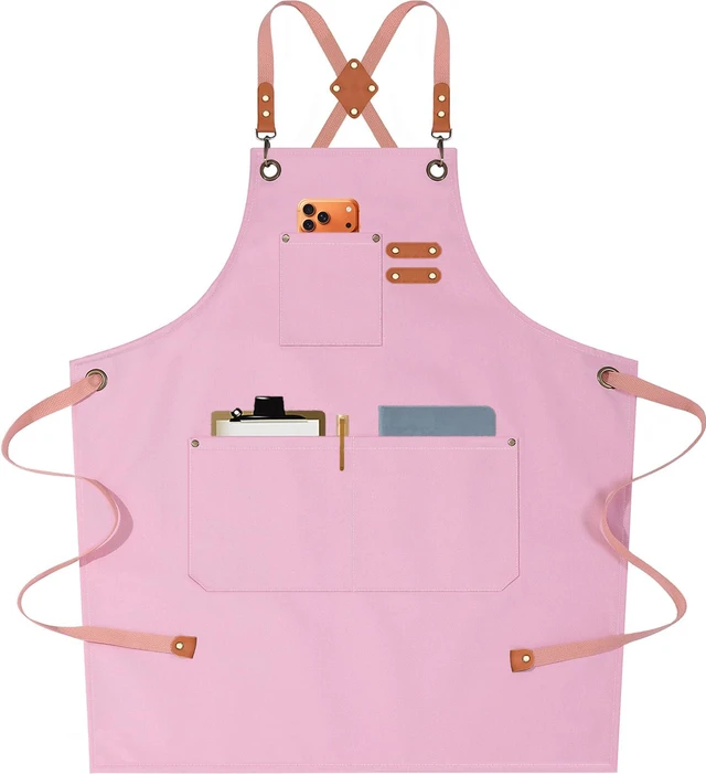 Main image of Chef Aprons for Men Women with Oversized Pockets, 16-Ounce Cotton Canvas Cross Back Heavy Duty Work Apron (Light Pink)