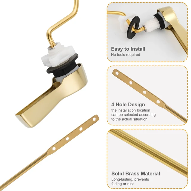 Alt view image 2 of 7 - Universal Metal Side Mount Toilet Handle Kit, Shiny Gold Solid Brass Toilet Flush Tank Lever with Stainless Steel Adjustable Flapper Chains, Side Tank Toilet Handle for Most Toilets