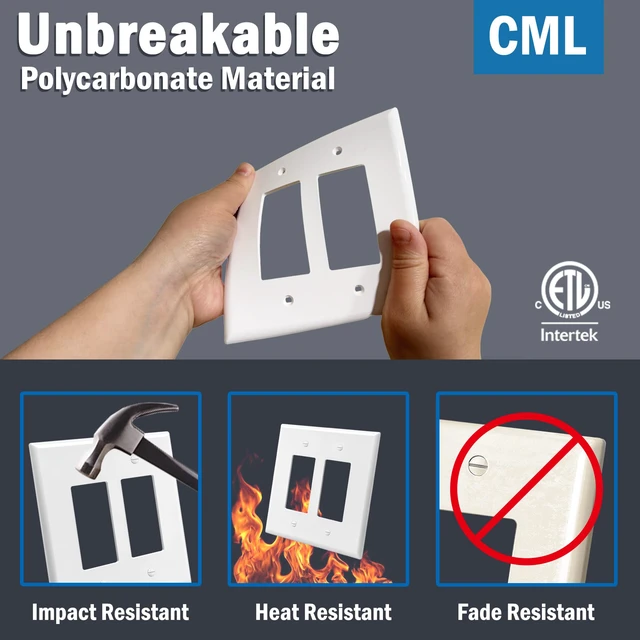 Alt view image 3 of 7 - Oversized 2-Gang Wall Plate, 4 Pack Double Outlet Cover, Jumbo Electrical Receptacle and Switch Covers, Over-Size 5.31 x 5.5, Impact Resistant, White, ETL Listed