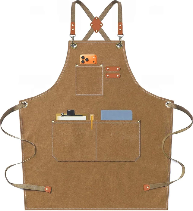 Main image of Chef Aprons for Men Women with Oversized Pockets, 16-Ounce Cotton Canvas Cross Back Heavy Duty Work Apron (Brown)