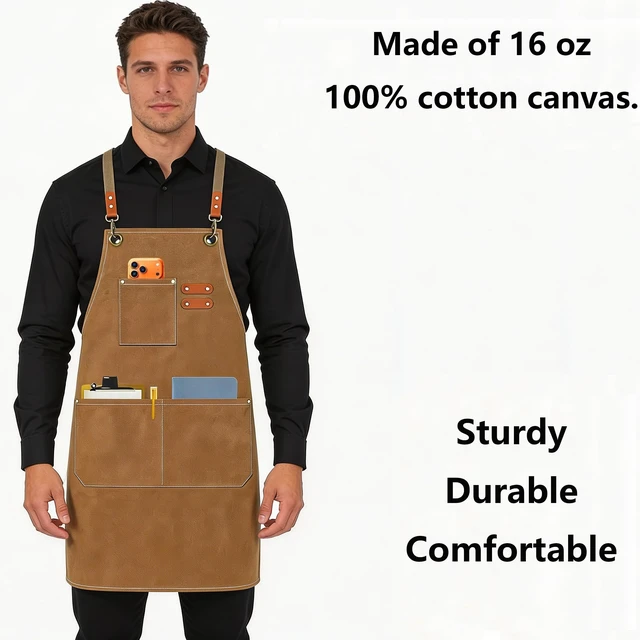 Alt view image 3 of 6 - Chef Aprons for Men Women with Oversized Pockets, 16-Ounce Cotton Canvas Cross Back Heavy Duty Work Apron (Brown)