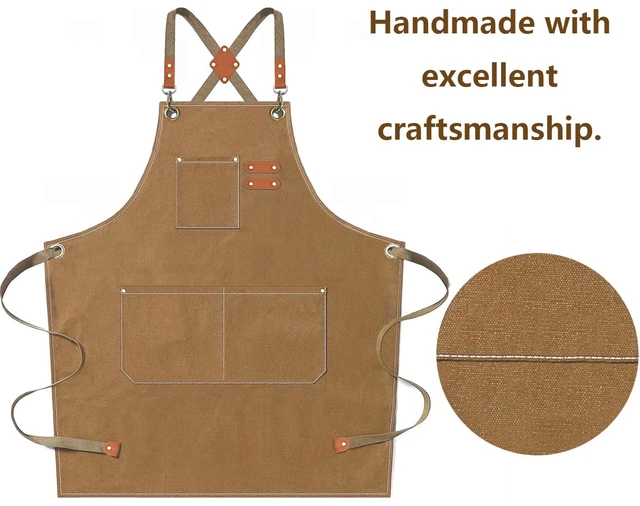 Alt view image 5 of 6 - Chef Aprons for Men Women with Oversized Pockets, 16-Ounce Cotton Canvas Cross Back Heavy Duty Work Apron (Brown)
