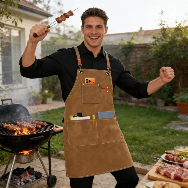 Alt view image 6 of 6 - Chef Aprons for Men Women with Oversized Pockets, 16-Ounce Cotton Canvas Cross Back Heavy Duty Work Apron (Brown)