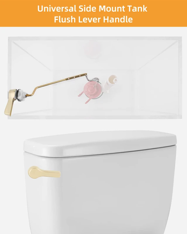 Alt view image 4 of 7 - Universal Metal Side Mount Toilet Handle Kit, Shiny Gold Solid Brass Toilet Flush Tank Lever with Stainless Steel Adjustable Flapper Chains, Side Tank Toilet Handle for Most Toilets