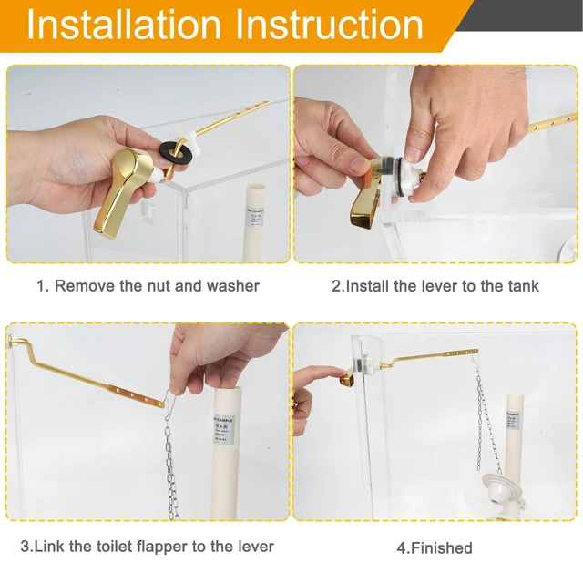 Alt view image 5 of 7 - Universal Metal Side Mount Toilet Handle Kit, Shiny Gold Solid Brass Toilet Flush Tank Lever with Stainless Steel Adjustable Flapper Chains, Side Tank Toilet Handle for Most Toilets