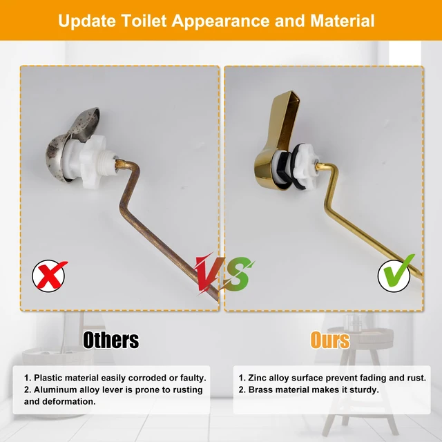 Alt view image 6 of 7 - Universal Metal Side Mount Toilet Handle Kit, Shiny Gold Solid Brass Toilet Flush Tank Lever with Stainless Steel Adjustable Flapper Chains, Side Tank Toilet Handle for Most Toilets