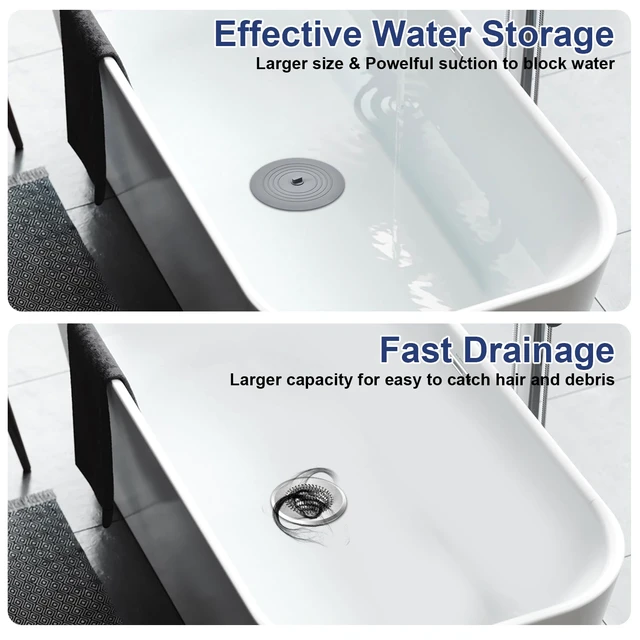Alt view image 2 of 7 - Shower Drain Cover Bathtub Stopper, 4.4" Hair Catcher for Bath, Tub & Sink Revolutionary Tub Drain Protector & Silicone Drain Stopper, Fast Drainage without Clogs, Store Water with Strong Suction Seal