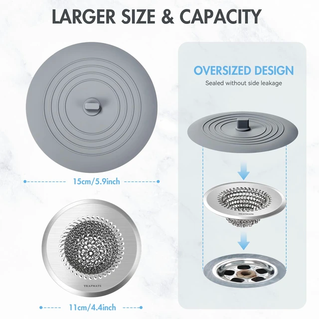 Alt view image 3 of 7 - Shower Drain Cover Bathtub Stopper, 4.4" Hair Catcher for Bath, Tub & Sink Revolutionary Tub Drain Protector & Silicone Drain Stopper, Fast Drainage without Clogs, Store Water with Strong Suction Seal