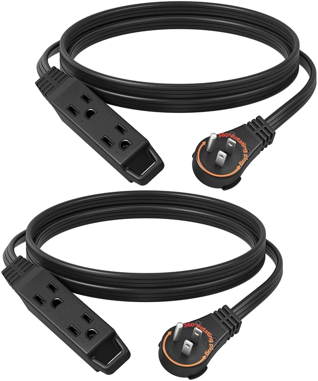 Main image of 6FT 360° Rotating Flat Plug Extension Cord/Wire, 16/3, 2 Pack 3 Outlet Extension Cord, 3 Prong Grounded Wire for Small Appliances, SPT-3, 13A/125V/1625W, Black