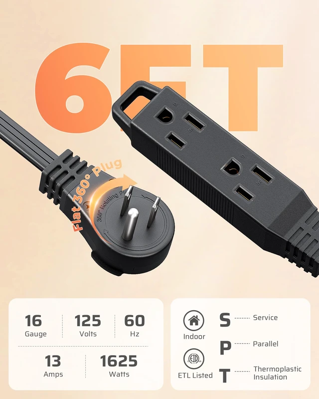Alt view image 3 of 7 - 6FT 360° Rotating Flat Plug Extension Cord/Wire, 16/3, 2 Pack 3 Outlet Extension Cord, 3 Prong Grounded Wire for Small Appliances, SPT-3, 13A/125V/1625W, Black