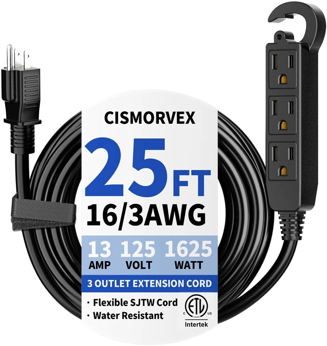Main image of 25Ft 3 Prong Multiple Outlets Outdoor Extension Cord, Black Waterproof Grounded 3 outlet Extension Cord, 16/3 AWG Power Strip for Garden Patio Camping, 13A 125V 1625W, ETL Listed