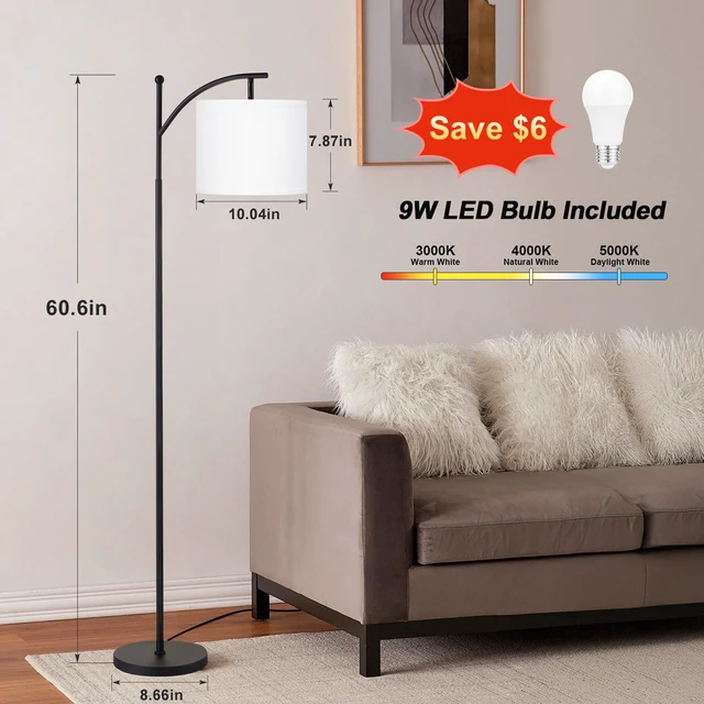 Alt view image 2 of 6 - 60" Floor Lamp with 3 Color Temperatures, Adjustable White Shade, Black Pole - Tall Lamp for Living Room, Bedroom, Office, Classroom, Dorm - 9W Bulb Included