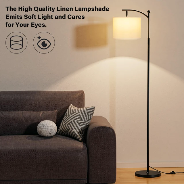 Alt view image 5 of 6 - 60" Floor Lamp with 3 Color Temperatures, Adjustable White Shade, Black Pole - Tall Lamp for Living Room, Bedroom, Office, Classroom, Dorm - 9W Bulb Included