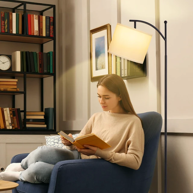 Alt view image 4 of 6 - 60" Floor Lamp with 3 Color Temperatures, Adjustable White Shade, Black Pole - Tall Lamp for Living Room, Bedroom, Office, Classroom, Dorm - 9W Bulb Included