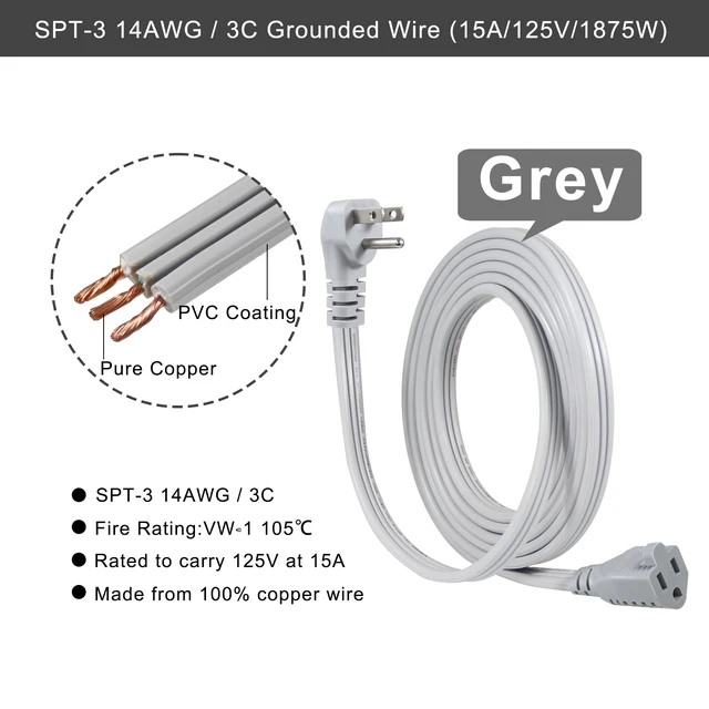 Alt view image 4 of 7 - Appliance Power Extension Cord - 3 Prong Flat Wire SPT-3 14 AWG Heavy Duty Male to Female Extender Low Profile Grounded Cable for Major AC Unit, Air Conditioner, Refrigerator (12 Feet)