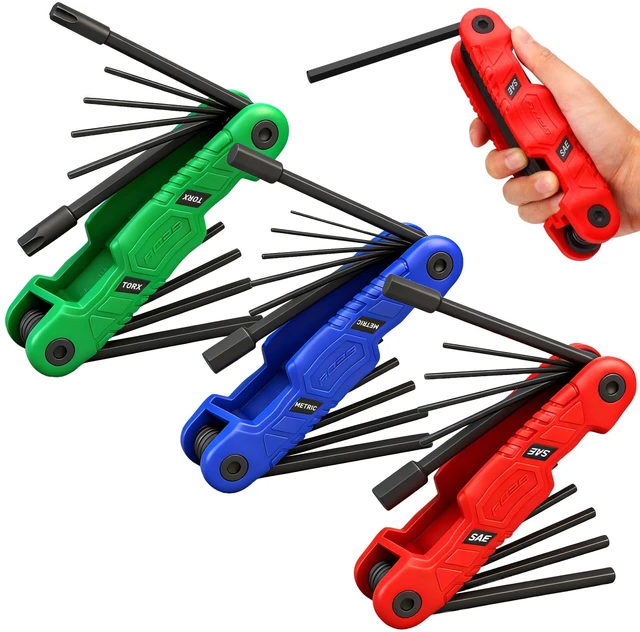 Main image of 34-Piece Large Folding Hex Key Set, SAE Hex (3/32"-1/2"), Metric Hex (1.5-12mm) & Torx (T9T55), 3-in-1 Heavy Duty Allen Key Set for Archery, Bike Repair, Furniture & Home Maintenance