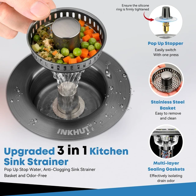 Alt view image 2 of 7 - Upgraded 3 in 1 Kitchen Sink Drain Strainer (Dark Grey) Stainless Steel Sink Stopper, Anti-Clogging Food Catcher Basket, Bounce Core Drain Strainer Plug for 3 1/2 inch Drain
