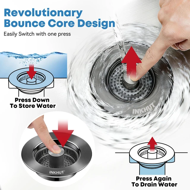 Alt view image 7 of 7 - Upgraded 3 in 1 Kitchen Sink Drain Strainer (Dark Grey) Stainless Steel Sink Stopper, Anti-Clogging Food Catcher Basket, Bounce Core Drain Strainer Plug for 3 1/2 inch Drain