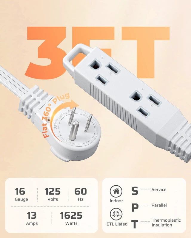 Alt view image 3 of 7 - 3FT 360° Rotating Flat Plug Extension Cord/Wire, 16/3, 2 Pack 3 Outlet Extension Cord, 3 Prong Grounded Wire for Small Appliances, 13A/125V/1625W, SPT-3, White