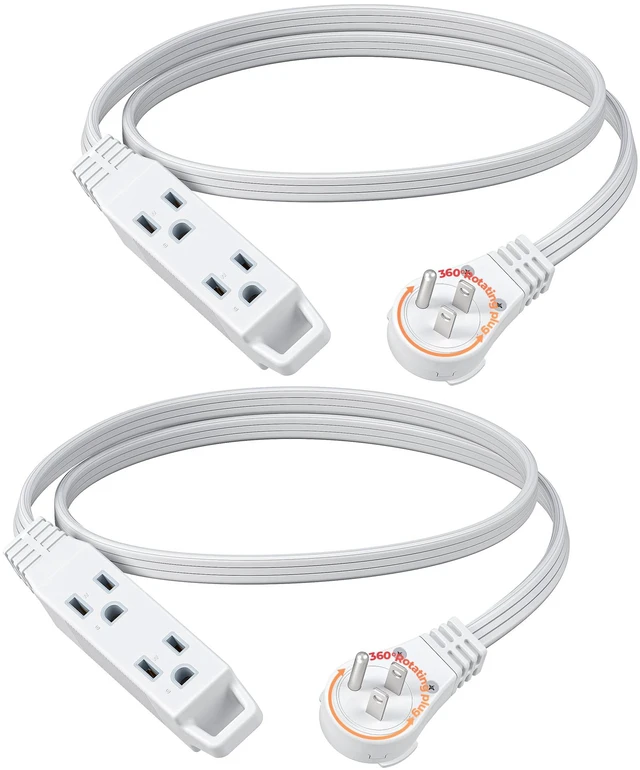Main image of 3FT 360° Rotating Flat Plug Extension Cord/Wire, 16/3, 2 Pack 3 Outlet Extension Cord, 3 Prong Grounded Wire for Small Appliances, 13A/125V/1625W, SPT-3, White