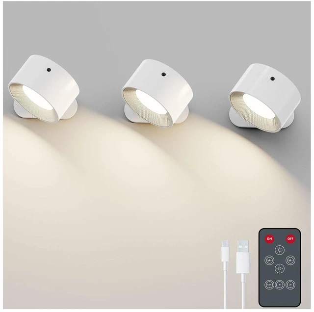 Main image of 3PACK Rechargeable LED Wall Sconce, Cordless Battery with Remote, Powered Wall Sconce, 3 Brightness Levels, 360° Swivel Magnetic Shade for Bedrooms, Hallways, Den and Reading SpacesWhite