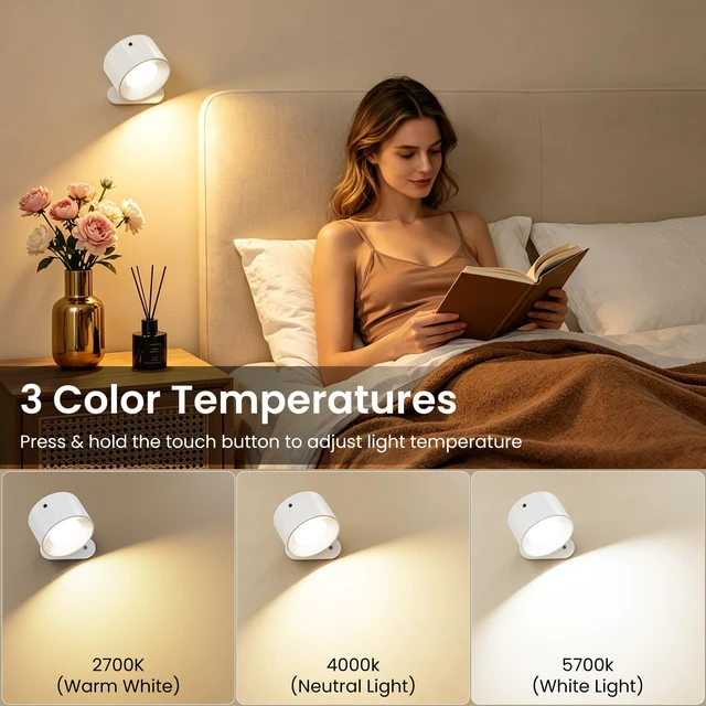 Alt view image 2 of 7 - 3PACK Rechargeable LED Wall Sconce, Cordless Battery with Remote, Powered Wall Sconce, 3 Brightness Levels, 360° Swivel Magnetic Shade for Bedrooms, Hallways, Den and Reading SpacesWhite