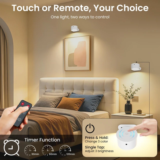 Alt view image 4 of 7 - 3PACK Rechargeable LED Wall Sconce, Cordless Battery with Remote, Powered Wall Sconce, 3 Brightness Levels, 360° Swivel Magnetic Shade for Bedrooms, Hallways, Den and Reading SpacesWhite