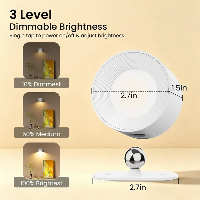 Alt view image 3 of 7 - 3PACK Rechargeable LED Wall Sconce, Cordless Battery with Remote, Powered Wall Sconce, 3 Brightness Levels, 360° Swivel Magnetic Shade for Bedrooms, Hallways, Den and Reading SpacesWhite