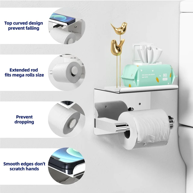 Alt view image 3 of 7 - Chrome Toilet Paper Holder Wall Mount, Self Adhesive or Screw-in Adhesive or Screw-in, Waterproof and Rustproof Stainless Steel, Wall Mount Design, Modern Stylish Design, for Bathroom, RV