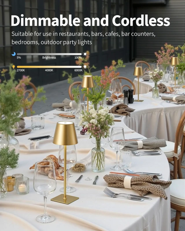 Alt view image 3 of 7 - Gold Cordless Table Lamps Set of 2, 4000mAh Rechargeable LED Desk Lamp Portable, Battery Operated, 3 Color Stepless Dimming, for Restaurant, Outdoor Camping, Coffee Shop, Bedroom, Night Light