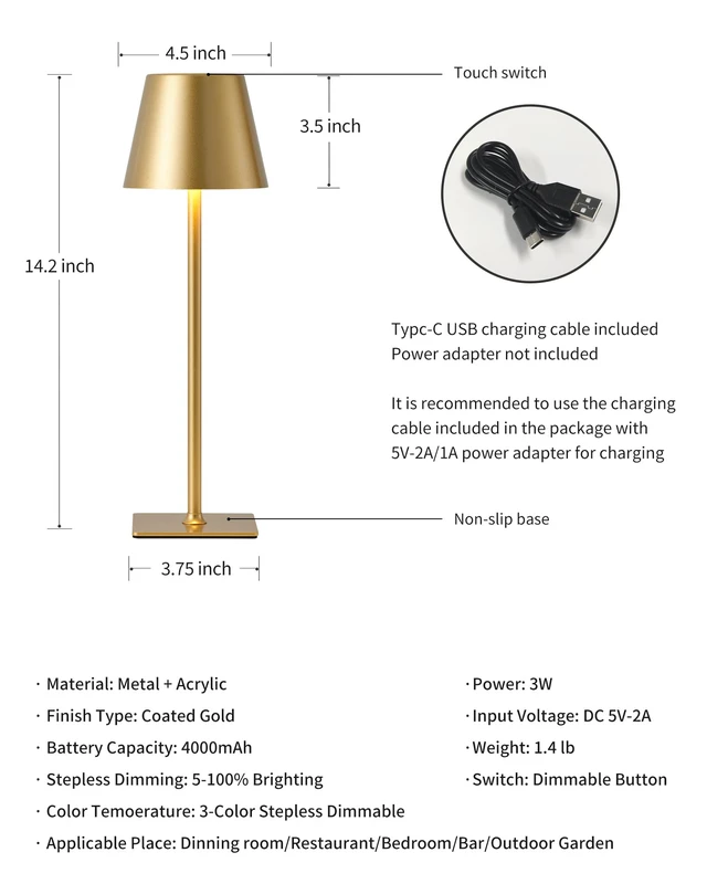 Alt view image 5 of 7 - Gold Cordless Table Lamps Set of 2, 4000mAh Rechargeable LED Desk Lamp Portable, Battery Operated, 3 Color Stepless Dimming, for Restaurant, Outdoor Camping, Coffee Shop, Bedroom, Night Light