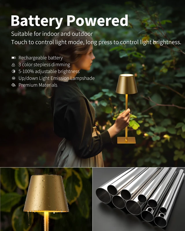 Alt view image 4 of 7 - Gold Cordless Table Lamps Set of 2, 4000mAh Rechargeable LED Desk Lamp Portable, Battery Operated, 3 Color Stepless Dimming, for Restaurant, Outdoor Camping, Coffee Shop, Bedroom, Night Light