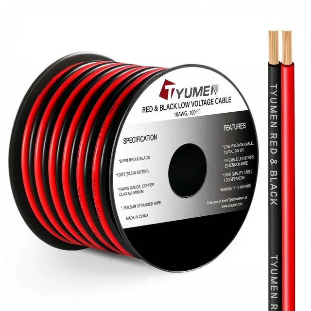 Main image of 10 Gauge Wire 100FT, 10AWG Red Black Electrical Wire LED Strips Extension Cord 12V/24V DC Cable, 10 AWG 2 Conductors Flexible Low Voltage Wire for in-Home, Autos, Speaker use