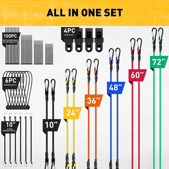 Alt view image 2 of 7 - Carabiner Bungee Cords with Hooks, 28-Piece Heavy Duty Outdoor Assortment Includes 10", 18", 24", 36", 48", 60", 72" Bungee Cords, Canopy Tarp Ball Ties, Nylon Cable Ties and Tarp Clips