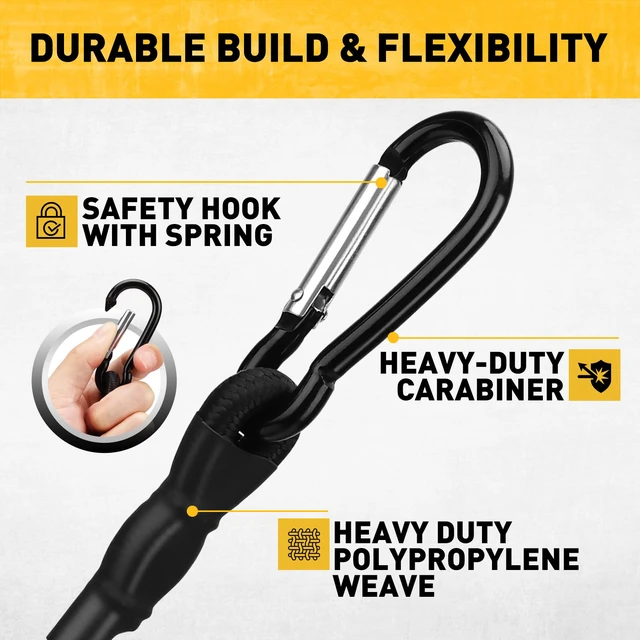 Alt view image 3 of 7 - Carabiner Bungee Cords with Hooks, 28-Piece Heavy Duty Outdoor Assortment Includes 10", 18", 24", 36", 48", 60", 72" Bungee Cords, Canopy Tarp Ball Ties, Nylon Cable Ties and Tarp Clips