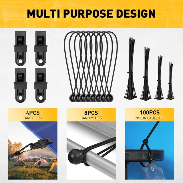 Alt view image 6 of 7 - Carabiner Bungee Cords with Hooks, 28-Piece Heavy Duty Outdoor Assortment Includes 10", 18", 24", 36", 48", 60", 72" Bungee Cords, Canopy Tarp Ball Ties, Nylon Cable Ties and Tarp Clips