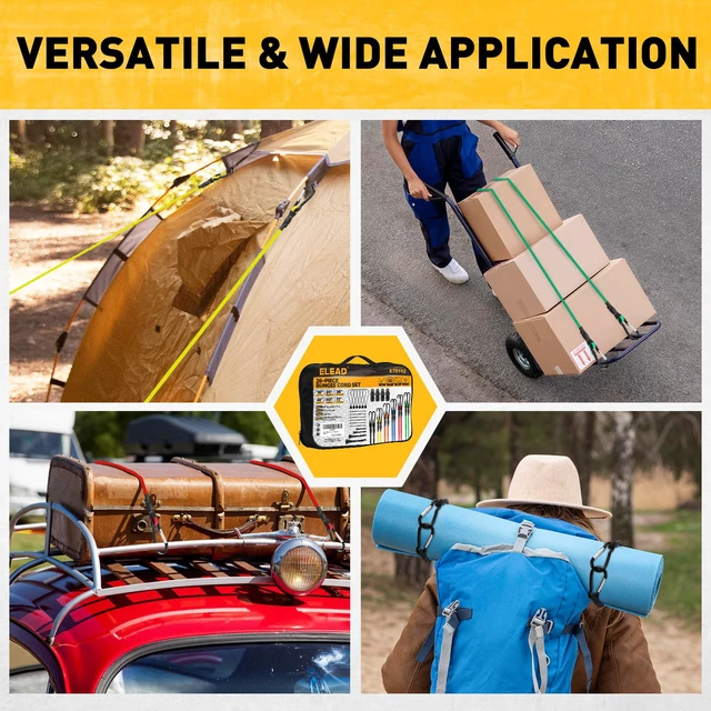 Alt view image 7 of 7 - Carabiner Bungee Cords with Hooks, 28-Piece Heavy Duty Outdoor Assortment Includes 10", 18", 24", 36", 48", 60", 72" Bungee Cords, Canopy Tarp Ball Ties, Nylon Cable Ties and Tarp Clips