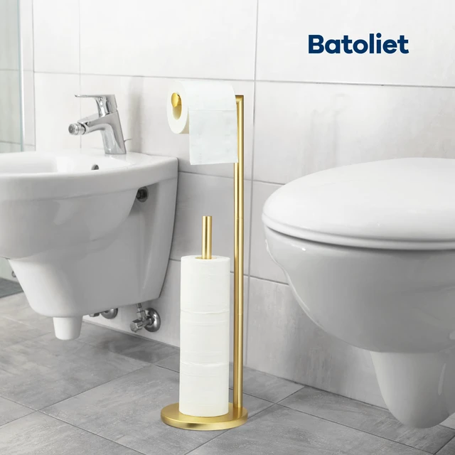 Alt view image 5 of 6 - Toilet Paper Holder Stand, Bathroom Free Standing with Storage, Gold Rustproof Toilet Paper Roll Holder for 4 Rolls,with Non-Slip Stable Base,Bathroom Organizers and Storage