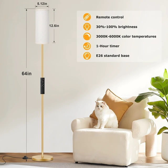 Alt view image 2 of 7 - 64'' Floor Lamps for Living Room with Remote Control and Stepless Dimmable Colors Temperature & Brightness, 9W Bulb Included(Beige Lampshade & Gold Pole)