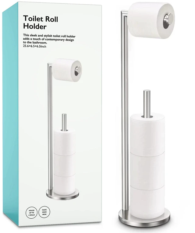 Main image of Toilet Paper Holder Stand, Bathroom Free Standing Storage, Brushed Nickel Rustproof Toilet Paper Roll Holder for 4 Rolls,with Non-Slip Stable Base,Bathroom Organizers and Storage